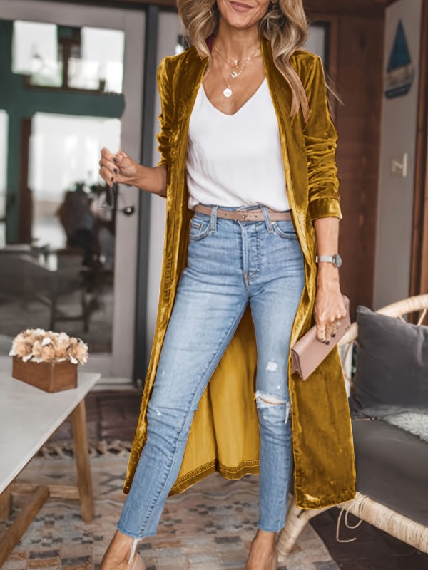 Solid Open Front Velvet Cardigan, Casual Long Sleeve Long Length Cardigan Coat, Women's Clothing
