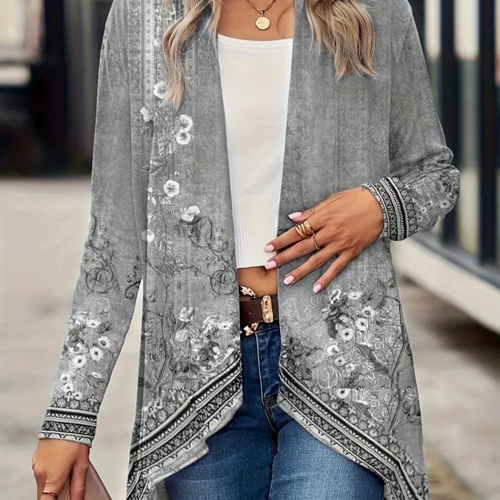 Floral Print Open Front Tunics, Casual Dipped Hem Long Sleeve Outwear For Spring & Fall, Women's Clothing