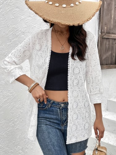 Floral Pattern Open Front Cardigan, Elegant 3\u002F4 Sleeve Beach Wear Knit Outwear, Women's Clothing