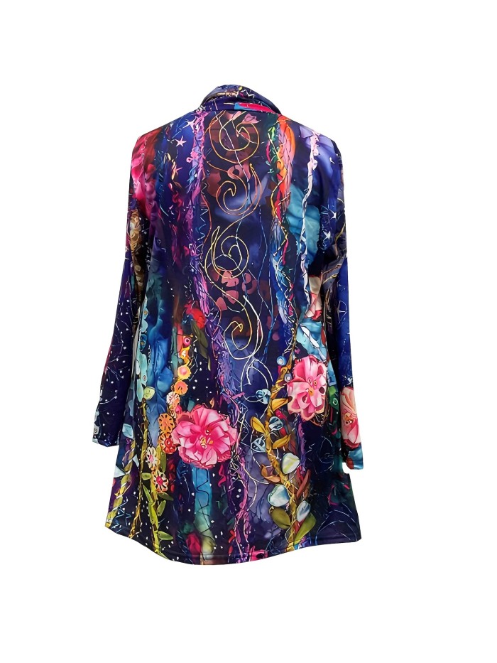 Plus Size Casual Cardigan, Women's Plus Floral Print Long Sleeve Open Front Cardigan