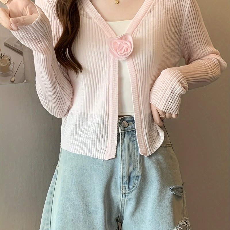 Floral Decor Thin Ribbed Cardigan, Casual Long Sleeve Knit Top For Spring & Fall, Women's Clothing