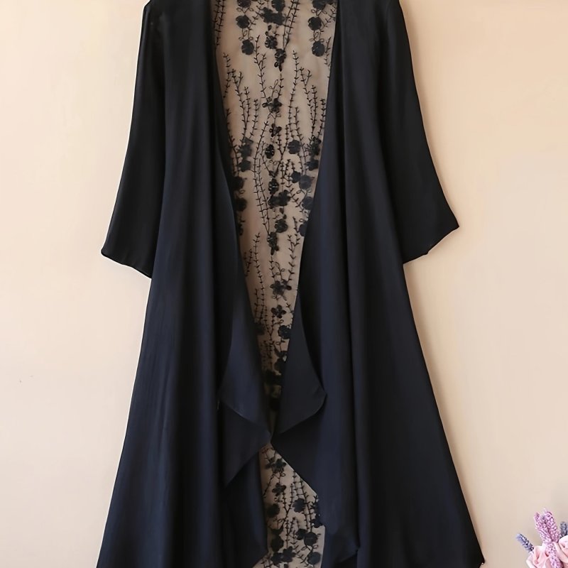 Plus Size Elegant Shawl, Women's Plus Floral Embroidery Short Sleeve Contrast Lace Kimono