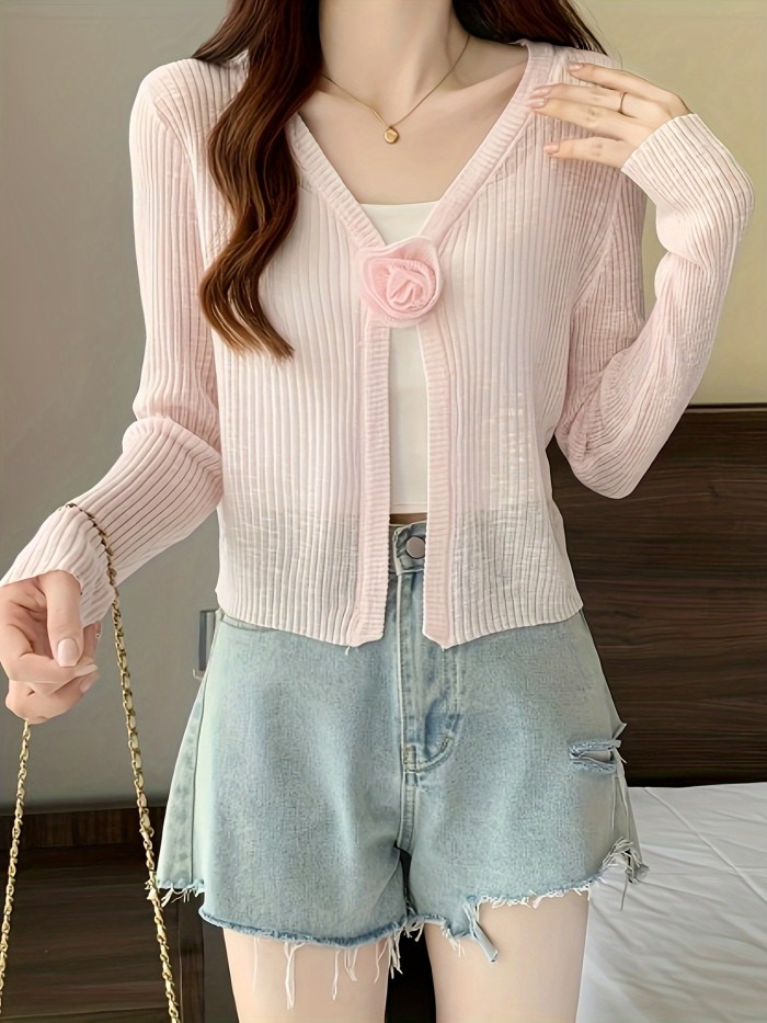 Floral Decor Thin Ribbed Cardigan, Casual Long Sleeve Knit Top For Spring & Fall, Women's Clothing