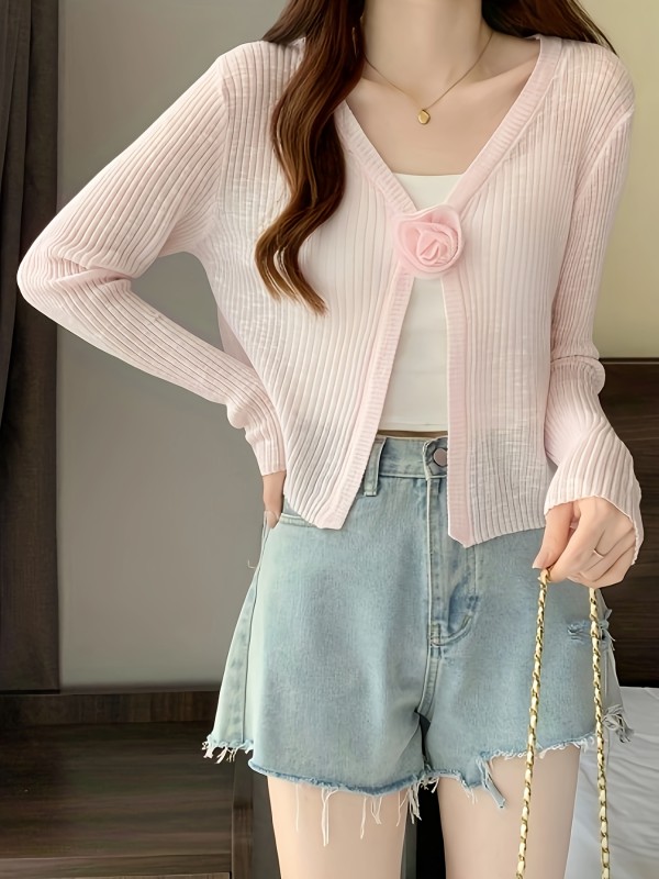 Floral Decor Thin Ribbed Cardigan, Casual Long Sleeve Knit Top For Spring & Fall, Women's Clothing