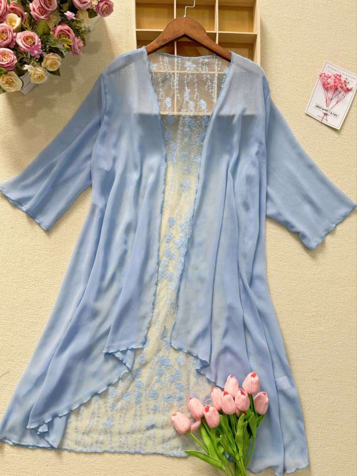 Plus Size Elegant Shawl, Women's Plus Floral Embroidery Short Sleeve Contrast Lace Kimono