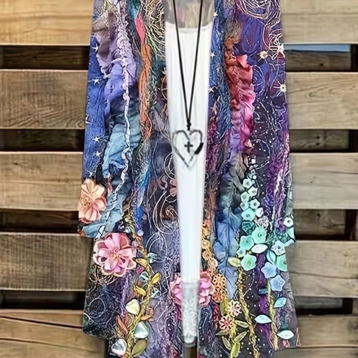 Plus Size Casual Cardigan, Women's Plus Floral Print Long Sleeve Open Front Cardigan