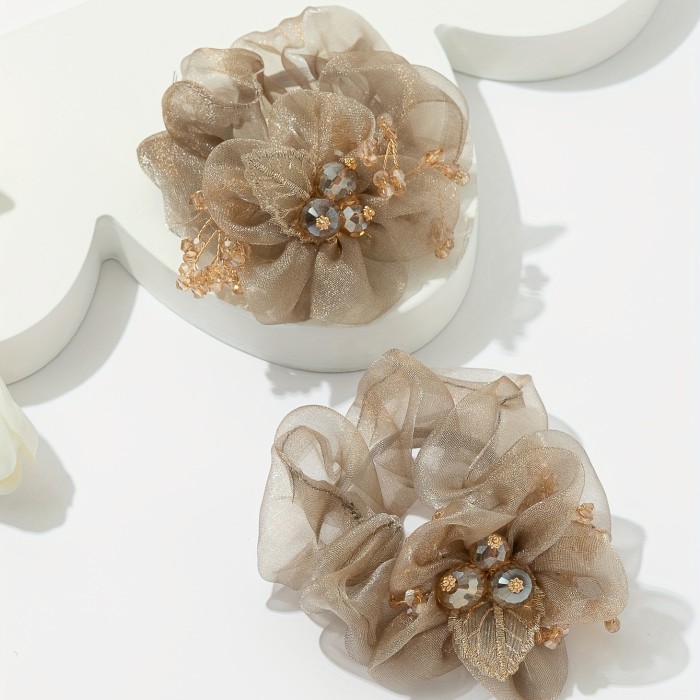1pc Elegant Glitter Organza Flower Hair Ring with Rhinestone Beads - Vintage Ponytail Holder for Women and Girls