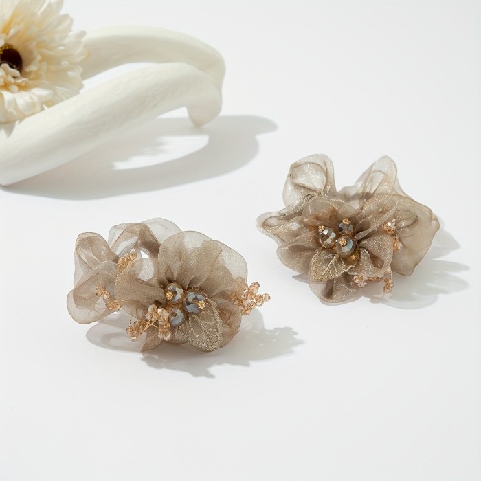 1pc Elegant Glitter Organza Flower Hair Ring with Rhinestone Beads - Vintage Ponytail Holder for Women and Girls