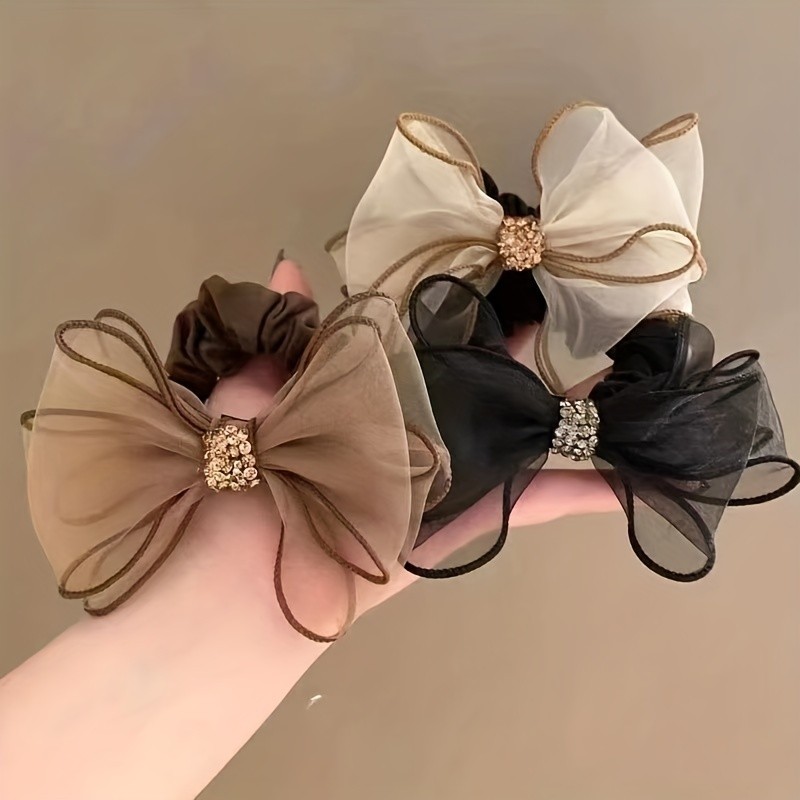 Organza Rhinestone Bowknot Shape Hair Ring High Elastic Leather Band Elegant Trendy Head Rope Nylon Decorative Hair Accessories, ideal choice for gifts