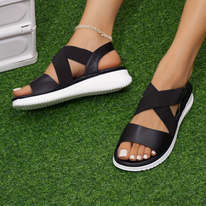 Women's Solid Color Flat Sandals, Casual Open Toe Summer Shoes, Comfortable Elastic Band Sandals