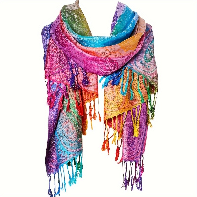 Elegant Jacquard Satin Paisley Scarf Boho Rainbow Color Gradient Tassel Shawl Trendy Windproof Warm Wrap Large Scarves For Women Mardi Gras