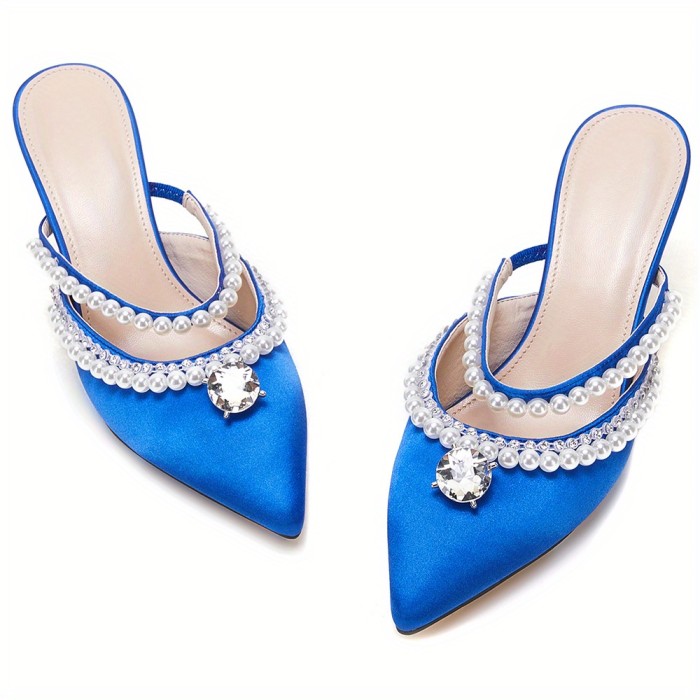 Women's Pointed Toe Mules Sandals, Faux Pearl & Rhinestone Slip On Slingback High Heels, Party & Wedding Dress Shoes