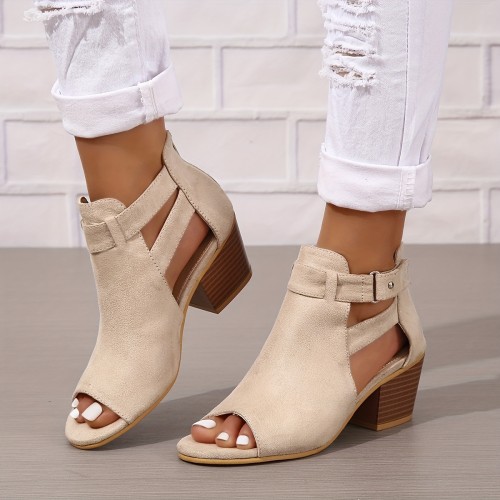 Women's Chunky Heeled Sandals, Peep Toe Solid Color Cut-out Back Zipper Low Heels, Retro Stacked Heeled Sandals