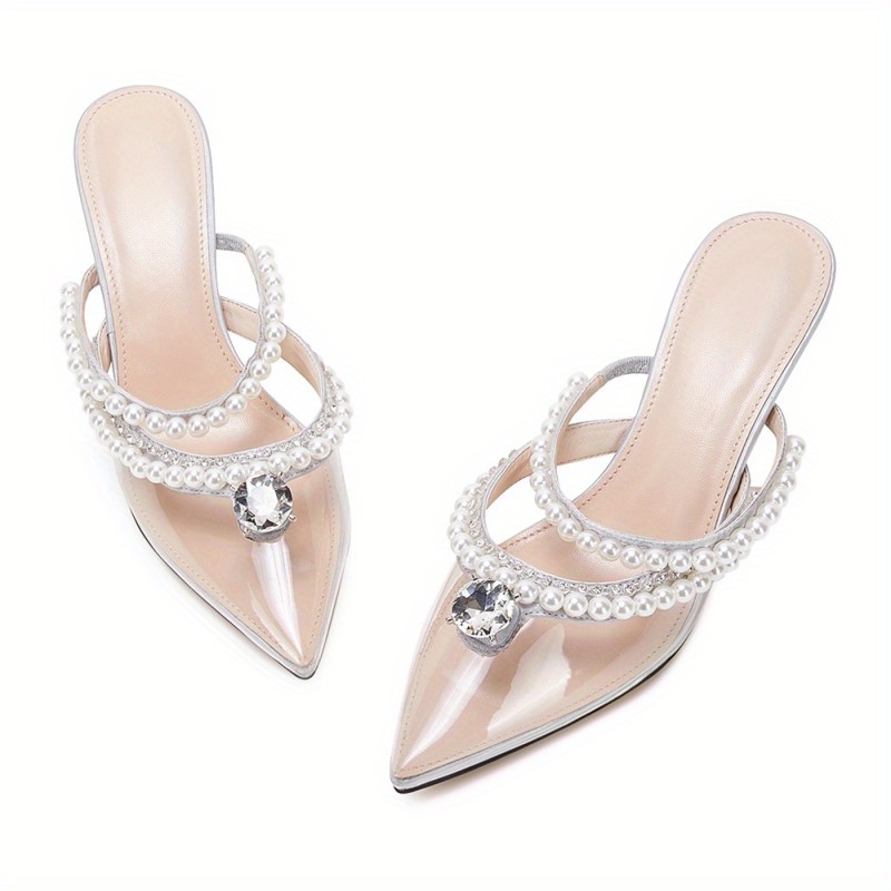 Women's Pointed Toe Mules Sandals, Faux Pearl & Rhinestone Slip On Slingback High Heels, Party & Wedding Dress Shoes
