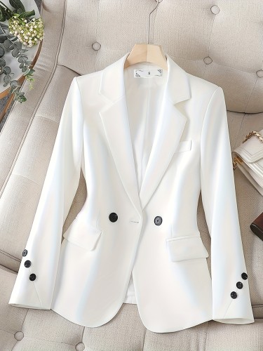 Notched Collar Button Front Blazer, Elegant Long Sleeve Blazer For Office & Work, Women's Clothing