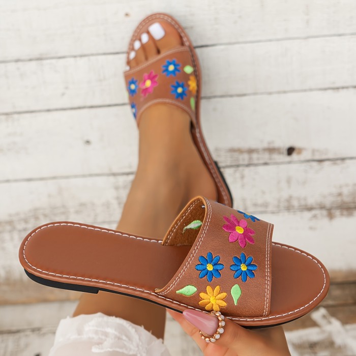 Women's Flower Pattern Slide Sandals, Casual Open Toe Flat Summer Shoes, Lightweight Slide Sandals