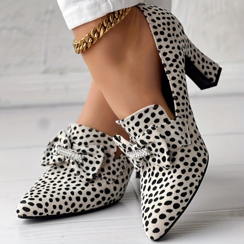 Women's Cheetah Print Pumps, Rhinestone Bowknot Decor Slip On Shallow Mouth Shoes, Point Toe Versatile Chunky Heels