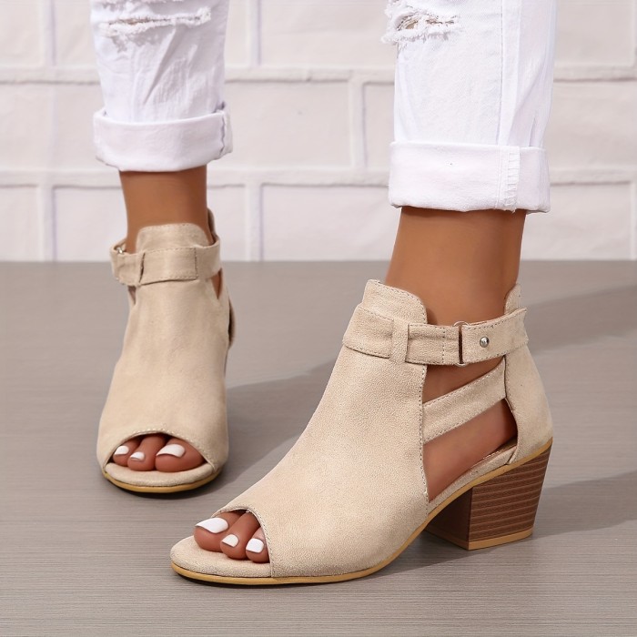 Women's Chunky Heeled Sandals, Peep Toe Solid Color Cut-out Back Zipper Low Heels, Retro Stacked Heeled Sandals