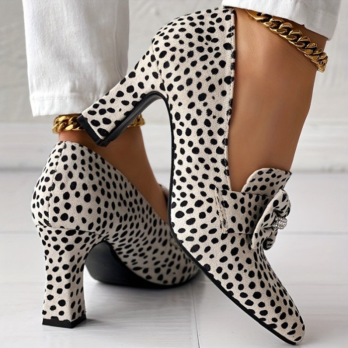 Women's Cheetah Print Pumps, Rhinestone Bowknot Decor Slip On Shallow Mouth Shoes, Point Toe Versatile Chunky Heels
