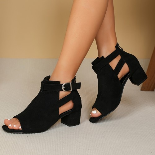 Women's Solid Color Chunky Heel Sandals, Fashion Square Toe Back Zipper Sandals, Comfortable Buckle Strap Summer Shoes