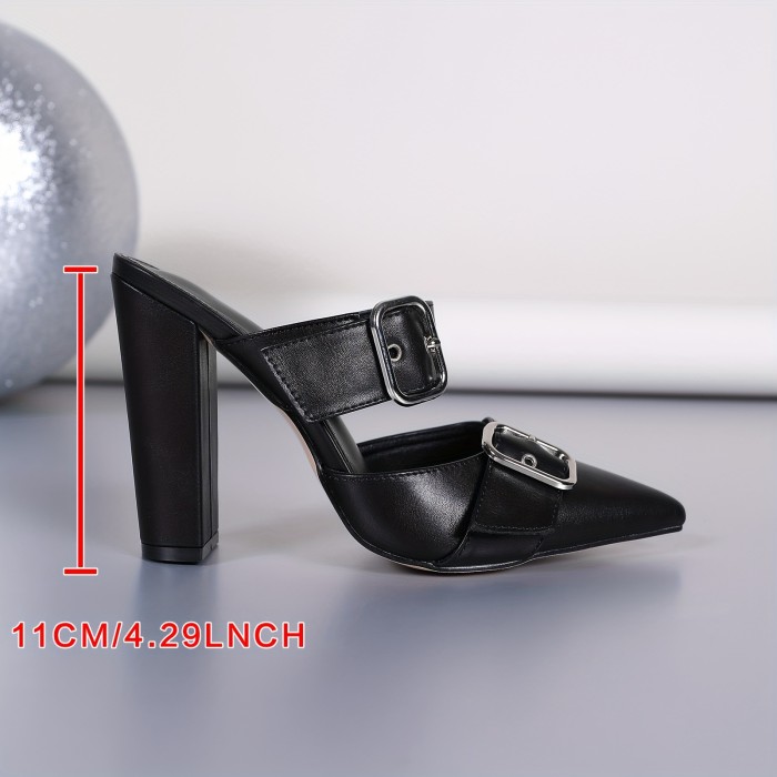 Women's Fashion Pointed Toe Heels, Chunky Heels Mule Rivets Decor Slip On Dress Mules, Buckle Band Elegant Party Shoes