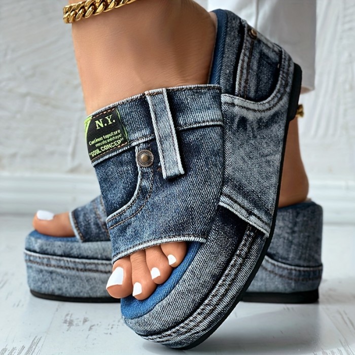 Women's Denim Platform Sandals, Fashion Open Round Toe Non Slip Slides, Outdoor Wedge Sandals