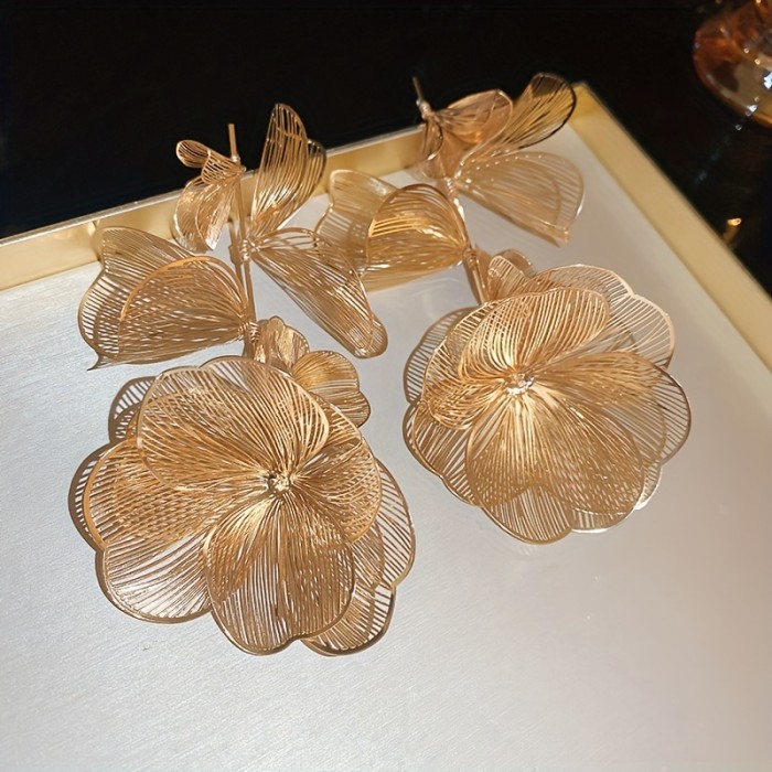 Exquisite Metal Flower Hollow Pattern Long Dangle Earrings Elegant Luxury Style Copper Jewelry Delicate Female Gift
