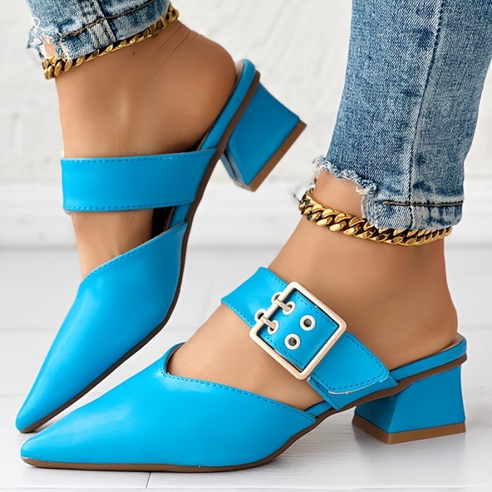 Women's Solid Color Mary Jane, Slip On Buckle Point Toe Block Heel Shoes, Elegant Women's Shoes