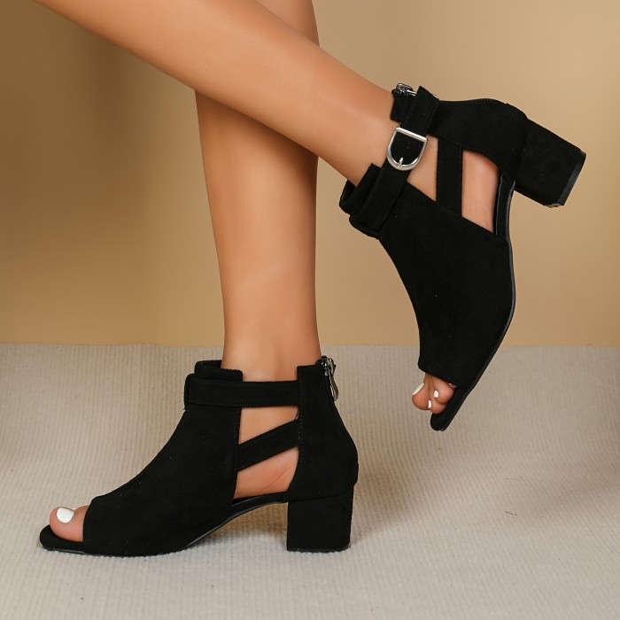 Women's Solid Color Chunky Heel Sandals, Fashion Square Toe Back Zipper Sandals, Comfortable Buckle Strap Summer Shoes
