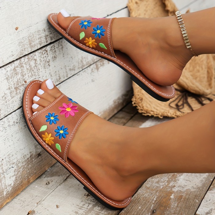 Women's Flower Pattern Slide Sandals, Casual Open Toe Flat Summer Shoes, Lightweight Slide Sandals