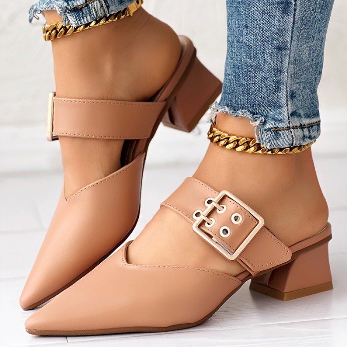 Women's Solid Color Mary Jane, Slip On Buckle Point Toe Block Heel Shoes, Elegant Women's Shoes
