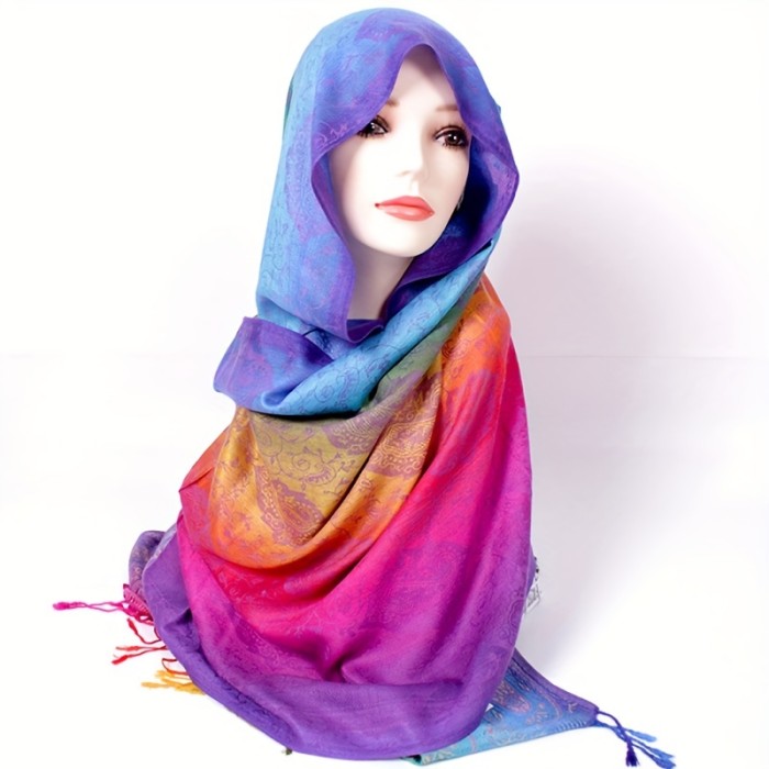 Elegant Jacquard Satin Paisley Scarf Boho Rainbow Color Gradient Tassel Shawl Trendy Windproof Warm Wrap Large Scarves For Women Mardi Gras