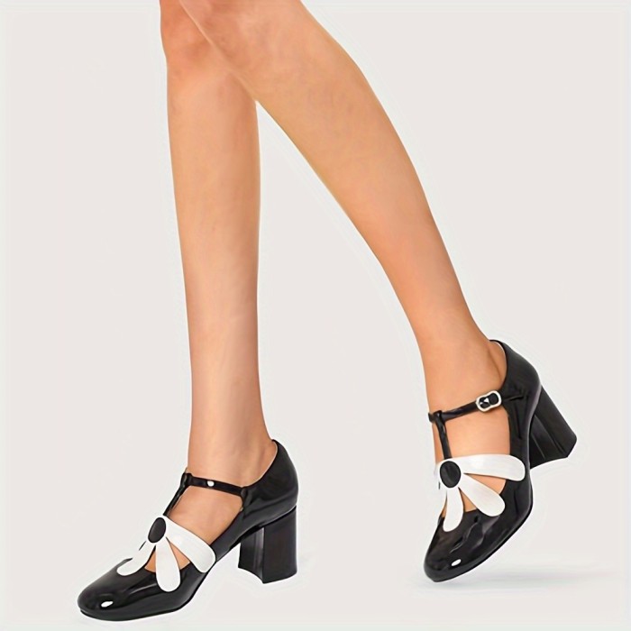 Women's Chunky Mid Heels, Elegant Flower T-strap Pumps, All-Match Ladies Dress Shoes