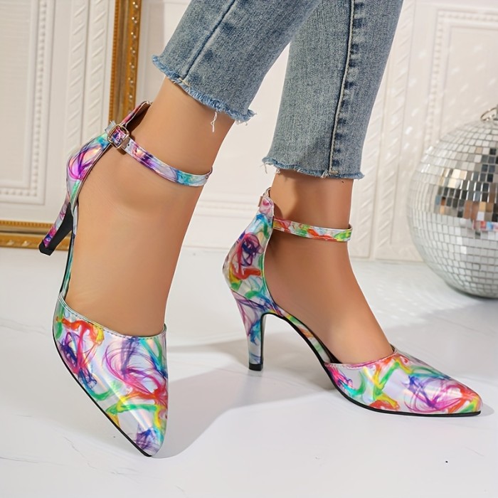 Women's Colorful Print Sandals, Strappy Buckle Hollow Out Dress Chunky Heels, Point Toe Dressy Shoes
