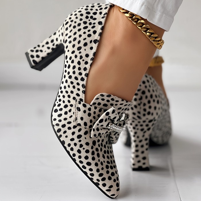 Women's Cheetah Print Pumps, Rhinestone Bowknot Decor Slip On Shallow Mouth Shoes, Point Toe Versatile Chunky Heels