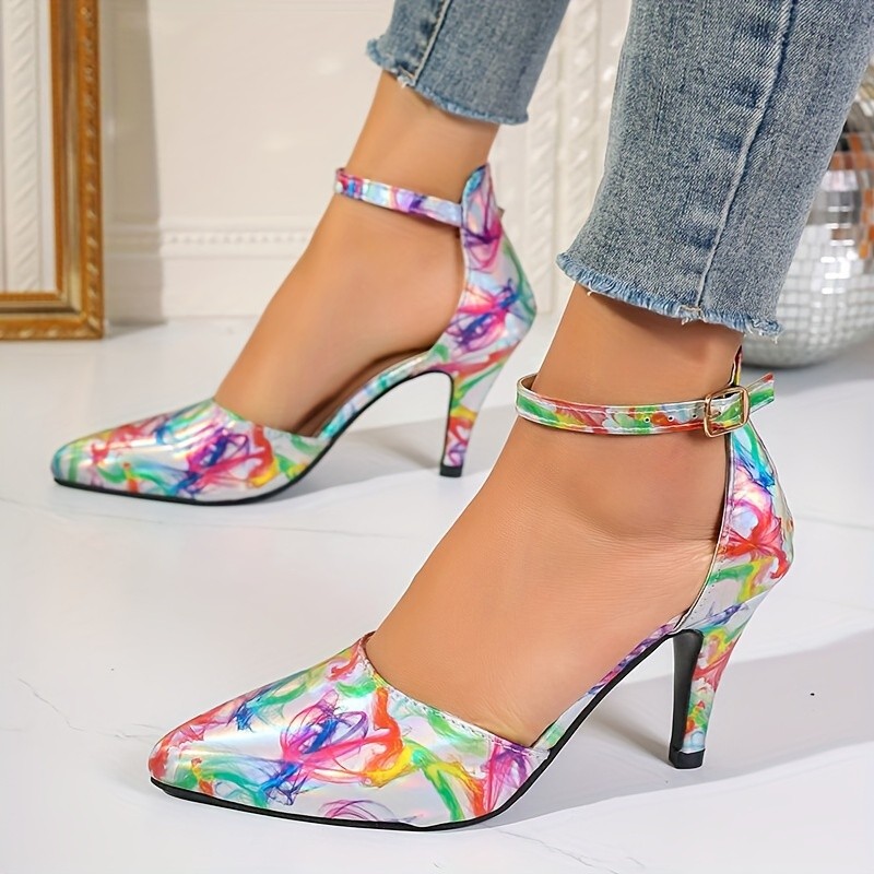 Women's Colorful Print Sandals, Strappy Buckle Hollow Out Dress Chunky Heels, Point Toe Dressy Shoes