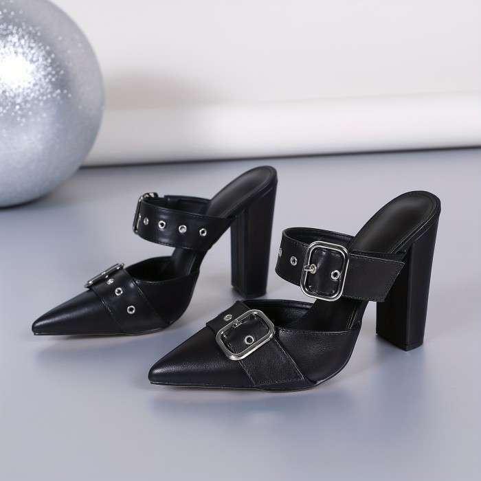 Women's Fashion Pointed Toe Heels, Chunky Heels Mule Rivets Decor Slip On Dress Mules, Buckle Band Elegant Party Shoes