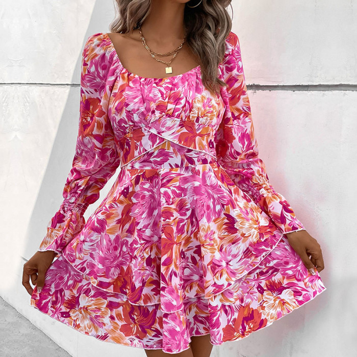 Square Neck Ruffle Dress Long Sleeve Floral Print Tiered Tie Back Layered Swing Mini Dress