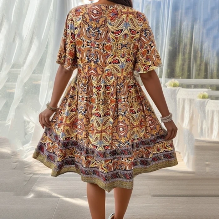 Beach Short Sleeve V-neck Print High Waist Fashion Elegant Casual Commute Female A-line Dress