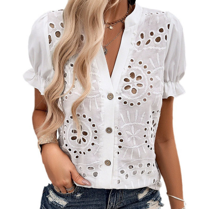Women'S V-Neck Hollow Button T-Shirt Fashion Sexy Party Street Casual Tees Top