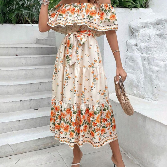 Off the Shoulder Print Lace up Swing Elegant And Pretty Bohemian Street Trendy  Maxi Dress