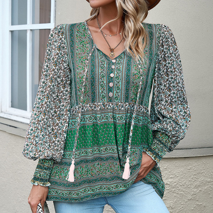Fashion Bohemia Printing Elegant Office V-Neck Button Casual Loose Holiday Shirt