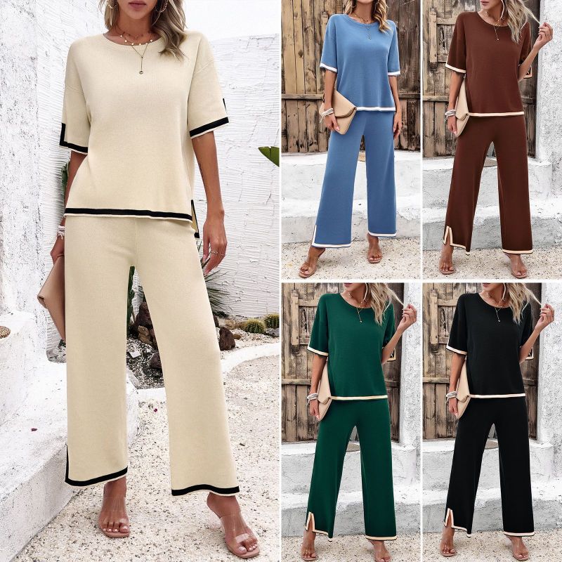 Elegant Temperament Casual Solid Color Knitted Shite Sleeved Suit Sweatpants Wide Leg Pants