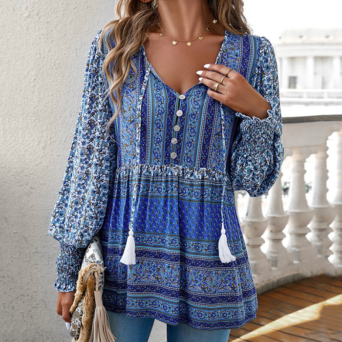 Fashion Bohemia Printing Elegant Office V-Neck Button Casual Loose Holiday Shirt