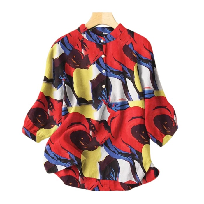 Oversize Cotton Linen Blouse Vintage Leaf Print Button Tops Fashion 3/4 Sleeve Boho Elegant Tunic Shirt