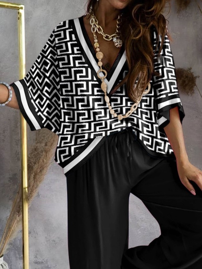 Sexy V Neck Midi Sleeve Shirt Pants Set Fashion Print Blouse Solid Trousers Two Piece Sets