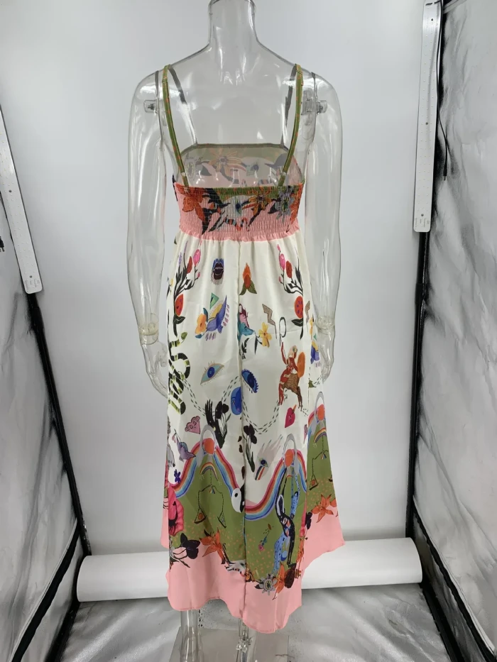 Linen Women's Graffiti Print Sexy A-Line Big Swing Backless Sleeveless Camisole Dresses
