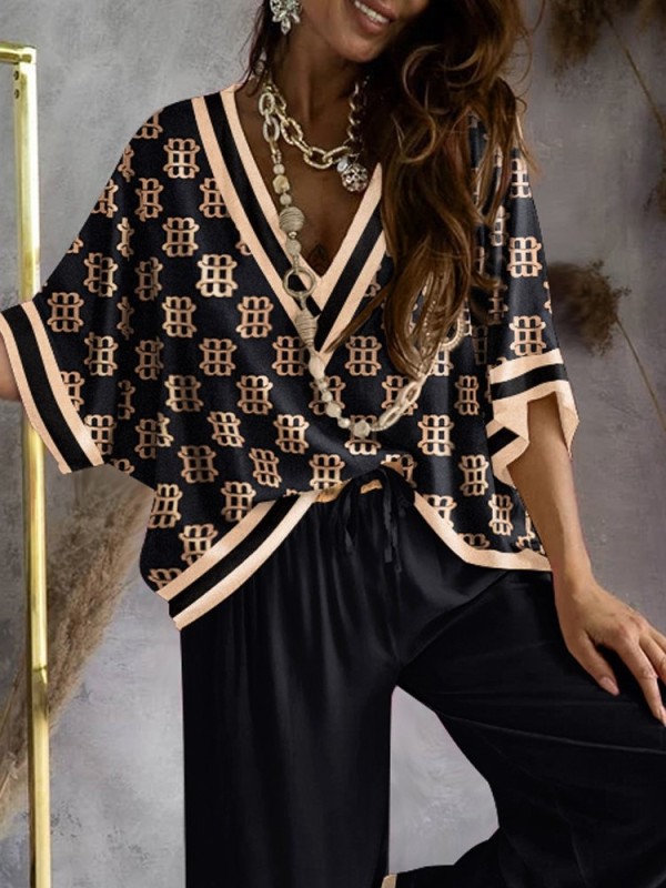 Sexy V Neck Midi Sleeve Shirt Pants Set Fashion Print Blouse Solid Trousers Two Piece Sets