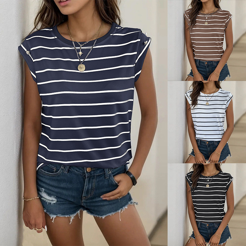 Casual Sleeveless Striped T-Shirt,  Fashion Round Neck Vest Top