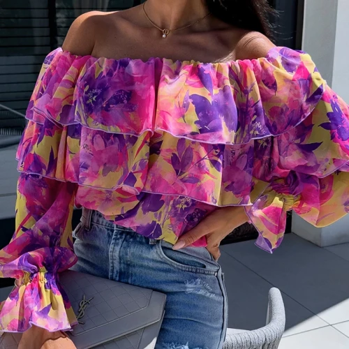 Elegant B Long Sleeve One-line Shoulder Floral Print Fashion Casual Sexy Commute Female Blouse